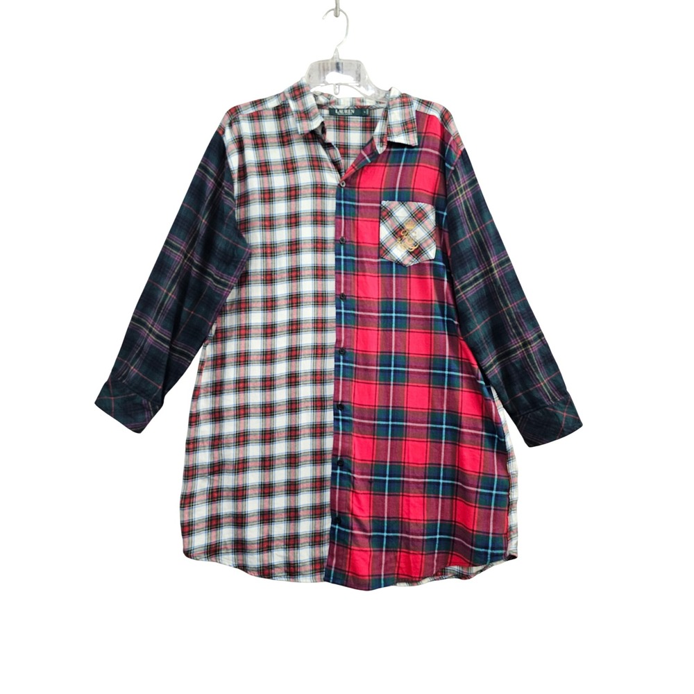 Lauren Ralph Lauren Plaid Shirt Dress Womens L Multi Colorblock Patchwork Cotton